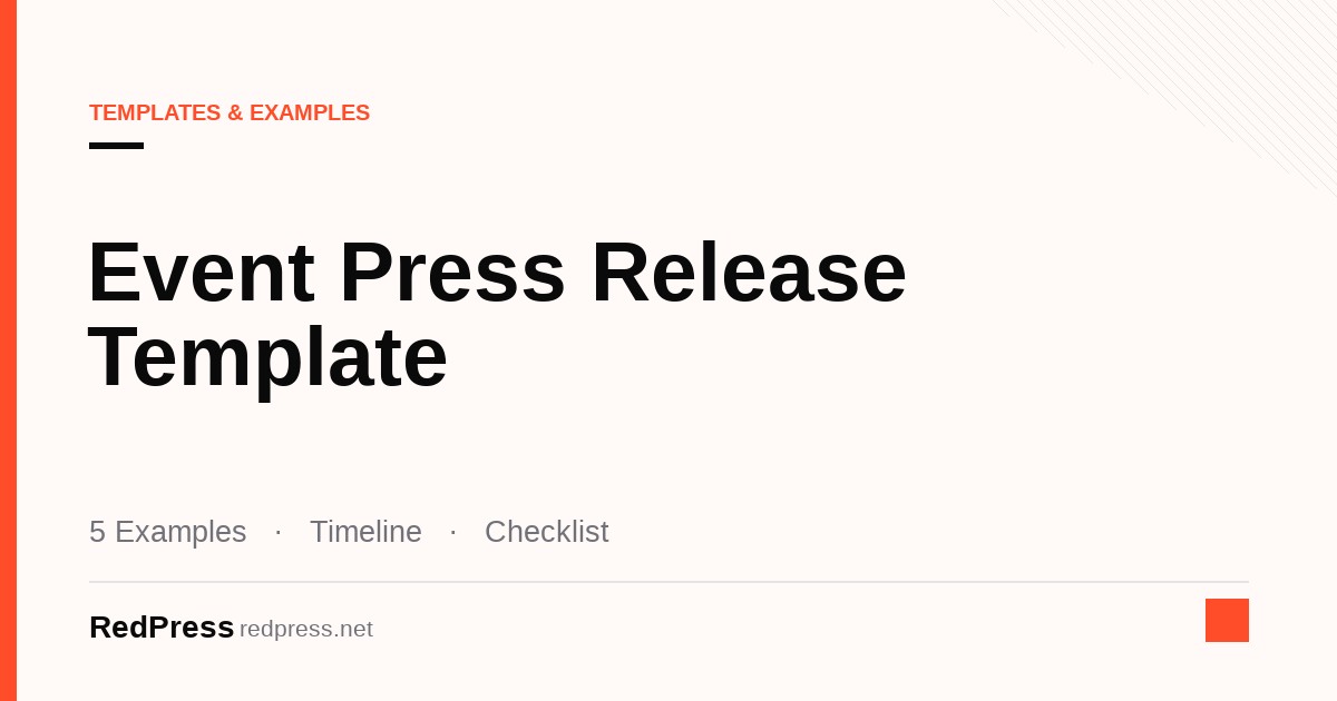Event press release template on a laptop beside a conference badge and a printed event schedule