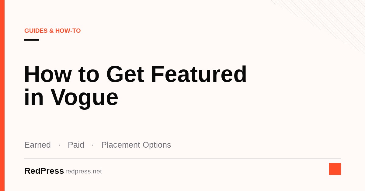 Guides and how-to cover titled How to Get Featured in Vogue, with labels for earned coverage, paid routes and placement options