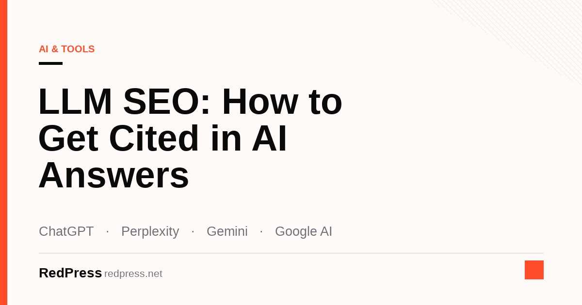 LLM SEO guide illustration showing a brand cited as a source in ChatGPT, Perplexity and Gemini answers