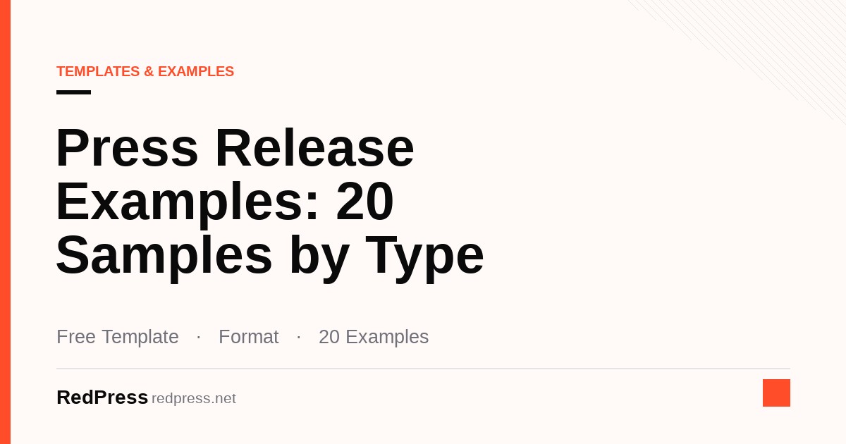 Press release examples by type laid out as sample announcements beside a free fill-in-the-blank press release template