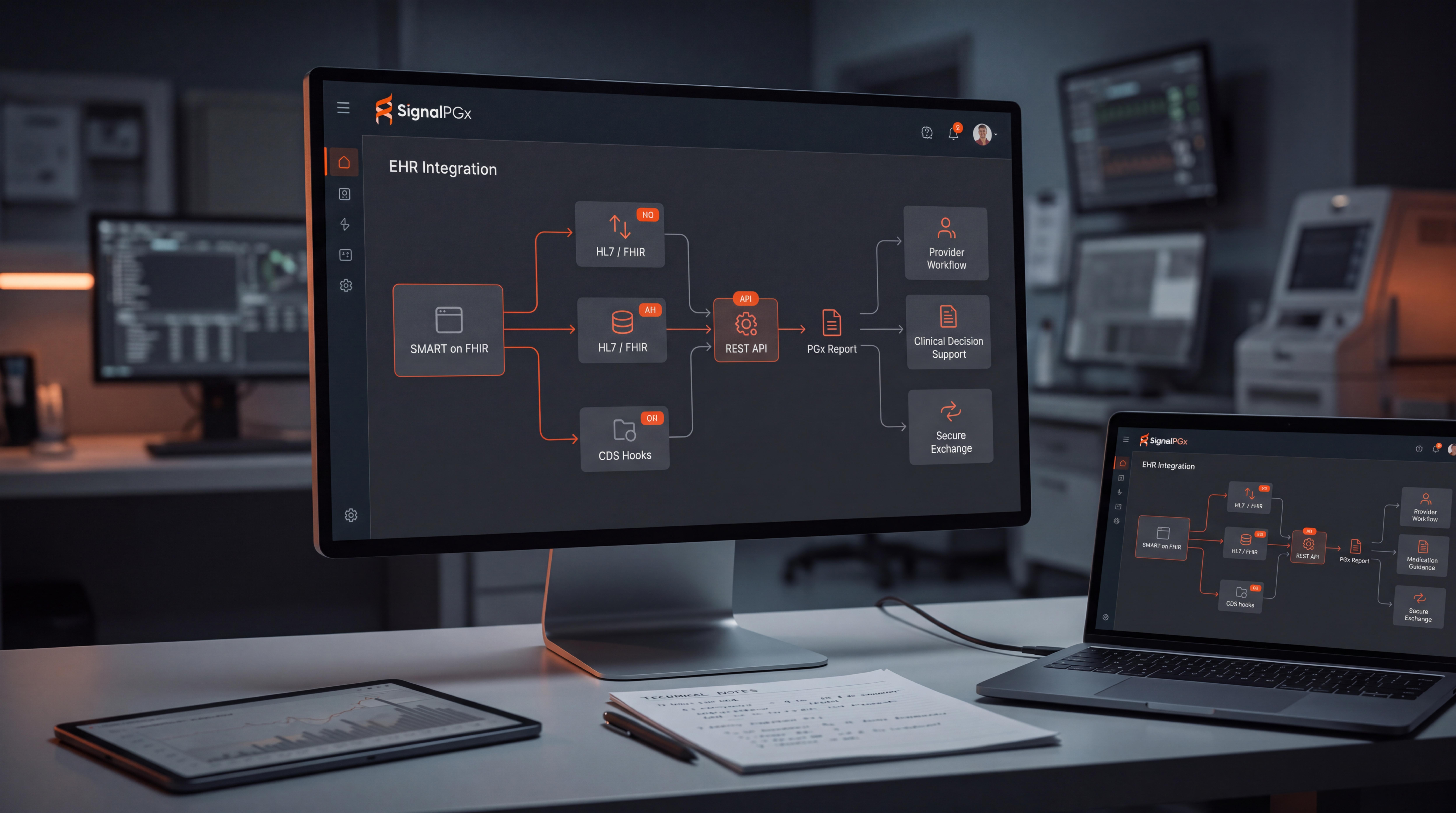 EHR integration / SMART on FHIR / HL7 workflow visual