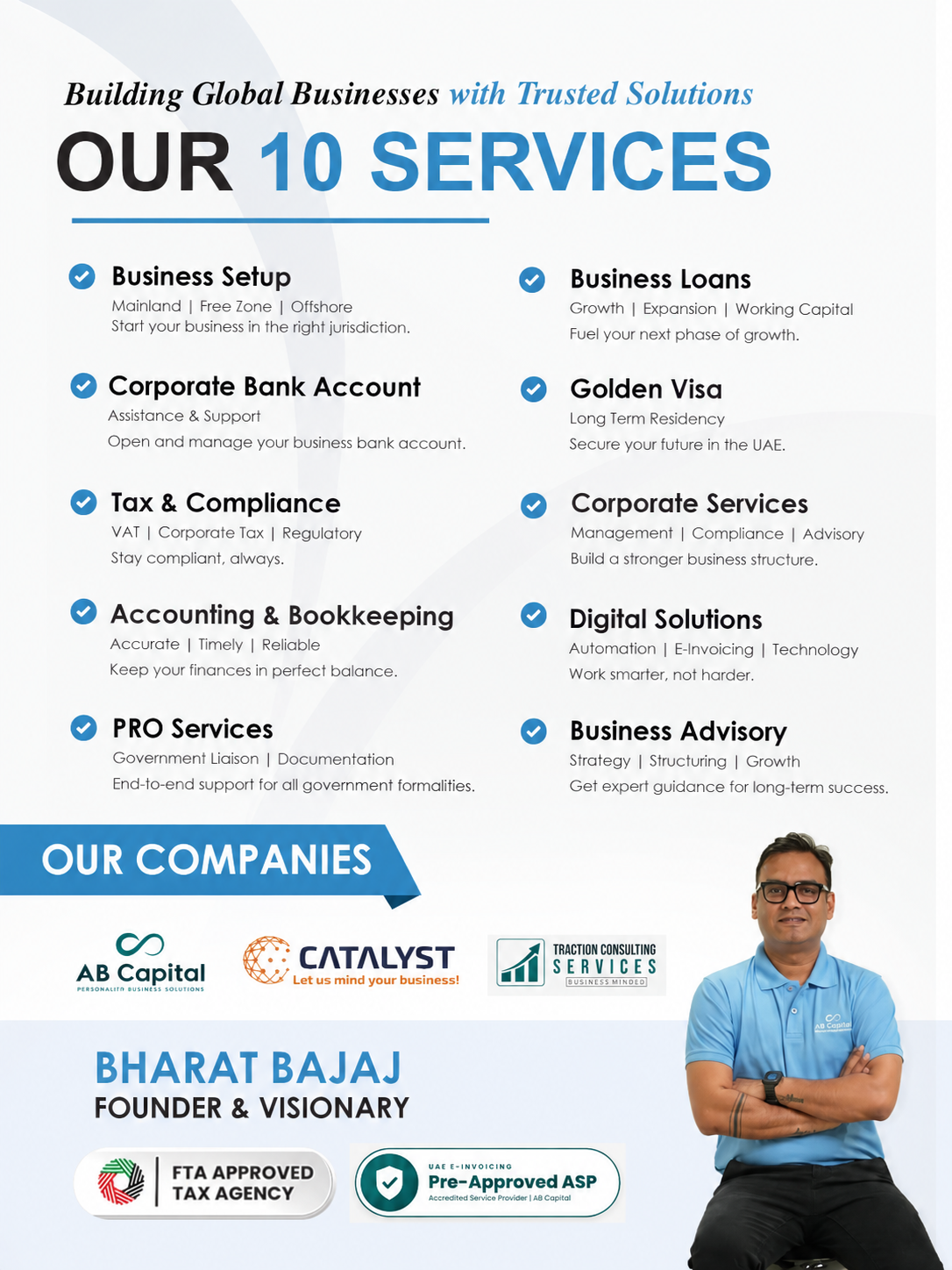 AB Capital's service lines, from business setup and corporate banking to tax compliance and e-invoicing, led by Founder Bharat Bajaj. Image: AB Capital Services FZC