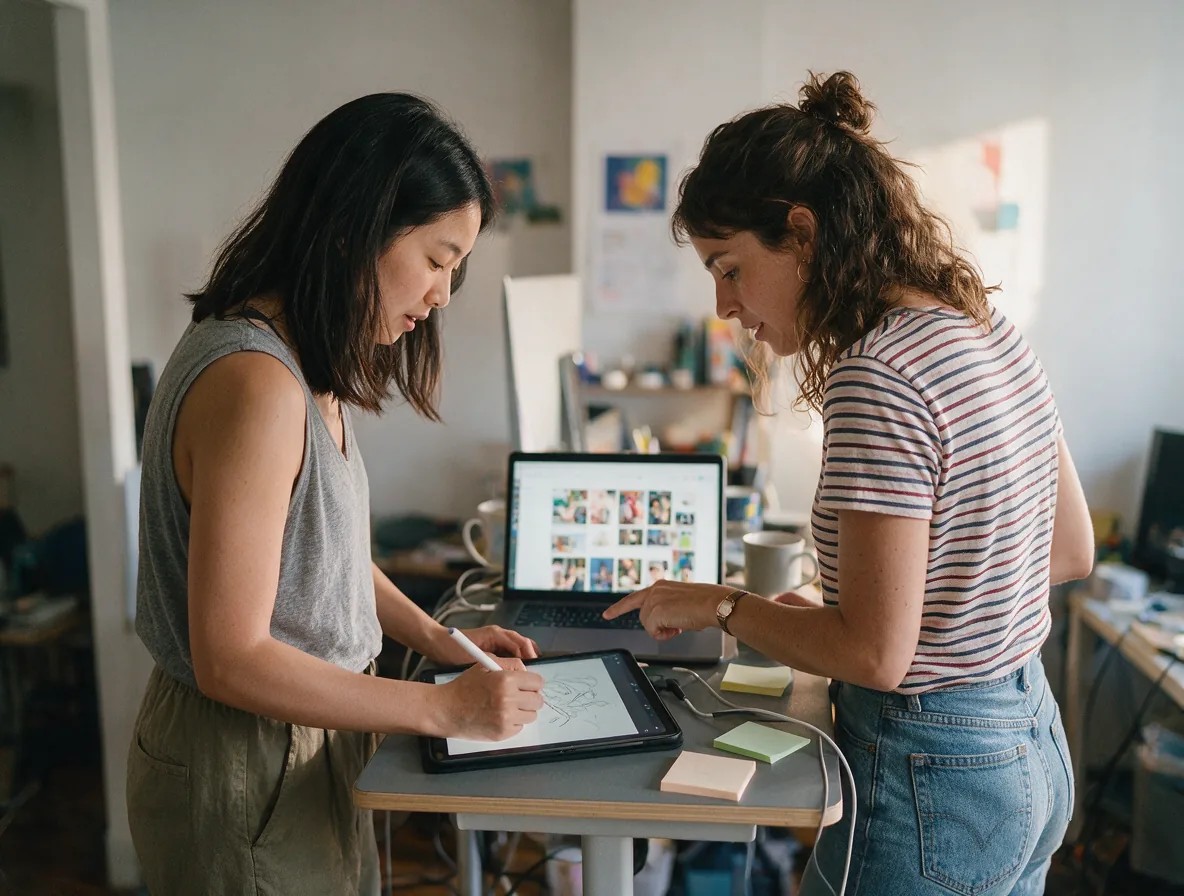 Two creators reviewing sketches and image thumbnails at a shared desk.