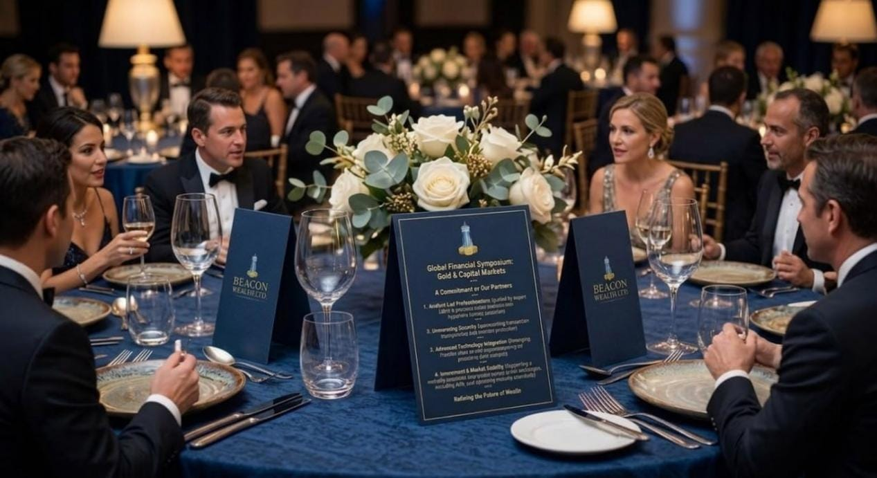 Attendees at a "Global Financial Symposium: Gold & Capital Markets" dinner, focusing on Beacon Wealth Ltd.